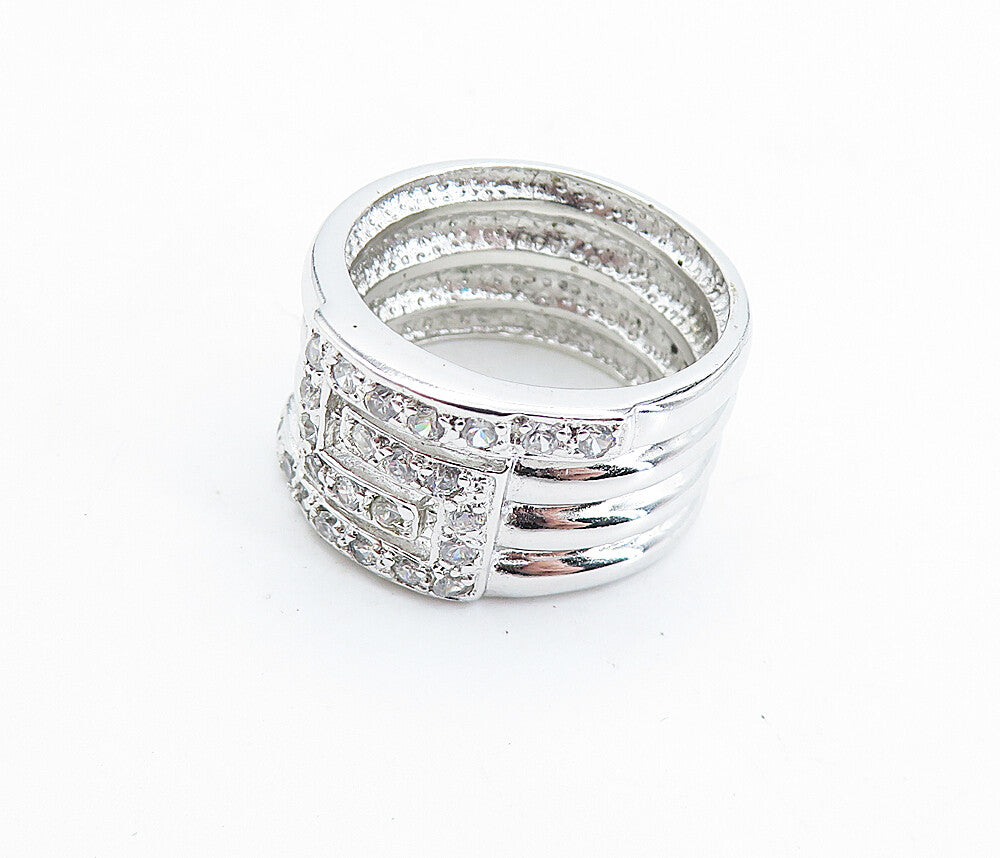 925 Sterling Silver  Sparkling Topaz Shiny Ribbed Band Ring Sz 9  RG5843