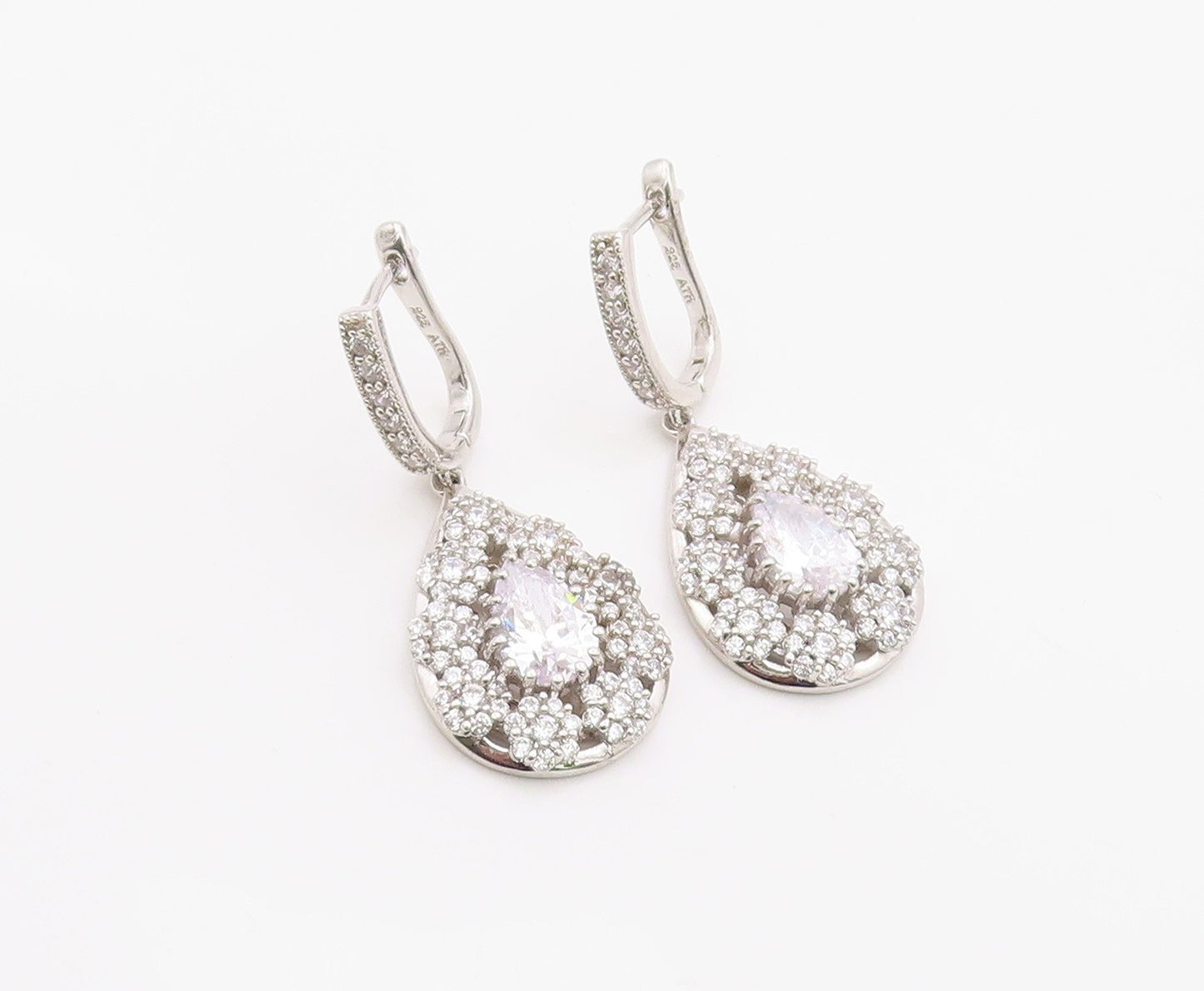 925 Sterling Silver Vintage Earrings Dazzling CZ Halo Teardrop Cluster  EG14376