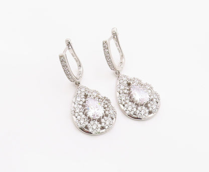 925 Sterling Silver Vintage Earrings Dazzling CZ Halo Teardrop Cluster  EG14376