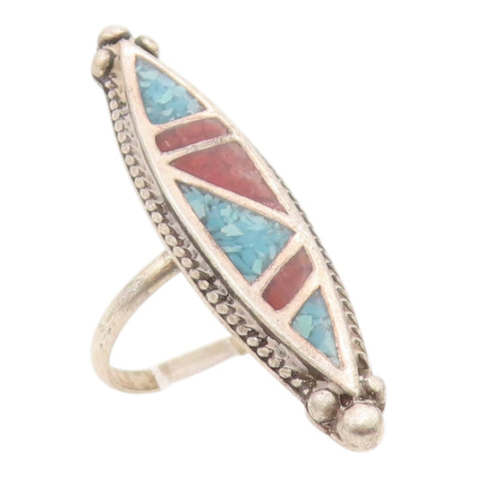 925 Sterling Silver Vintage Ring Crushed Turquoise & Coral Inlay Sz 5.5 RG35856