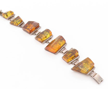 925 Sterling Silver Vintage Bracelet POLAND Designer Honey Amber Band  BT11053