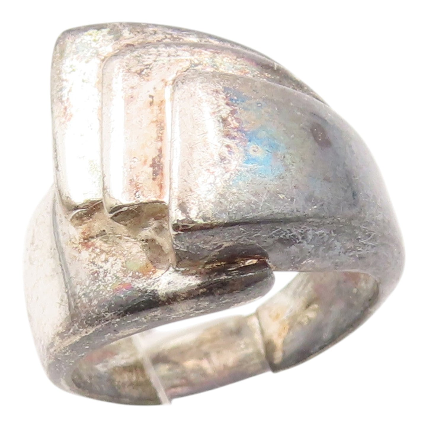 925 Sterling Silver Vintage Ring Modernist Ribbed Step Design  Sz 5  RG35602