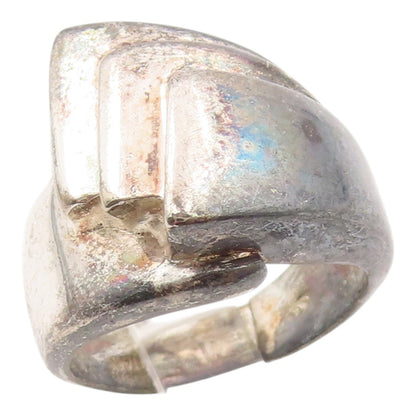 925 Sterling Silver Vintage Ring Modernist Ribbed Step Design  Sz 5  RG35602