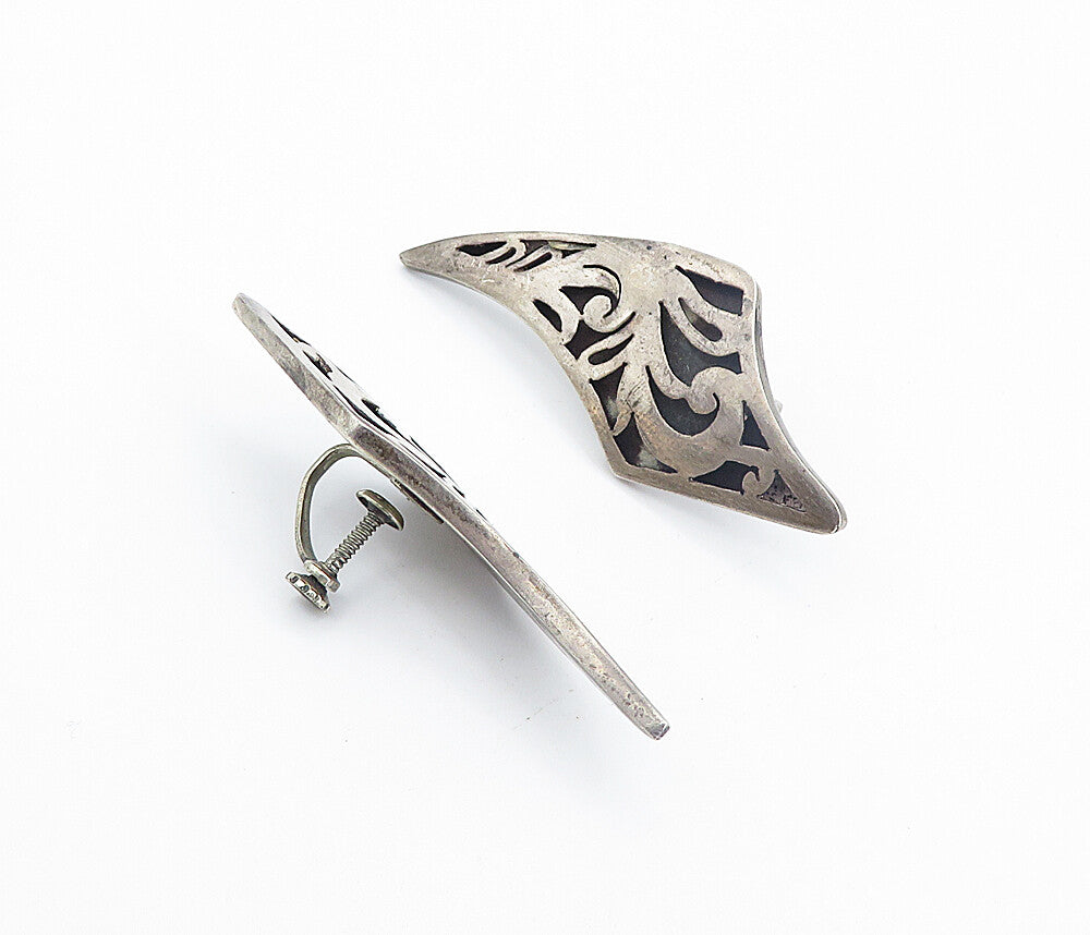 MEXICO 925 Silver  Vintage Dark Tone Cutout Pattern Non Pierce Earrings EG3329