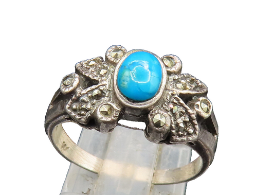 925 Sterling Silver Vintage Turquoise & Marcasite Butterfly Ring Sz 8  RG24729