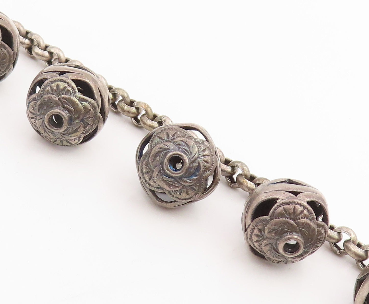 925 Sterling Silver Vintage Bracelet Carved Floral Roses Beaded Chain  BT11430