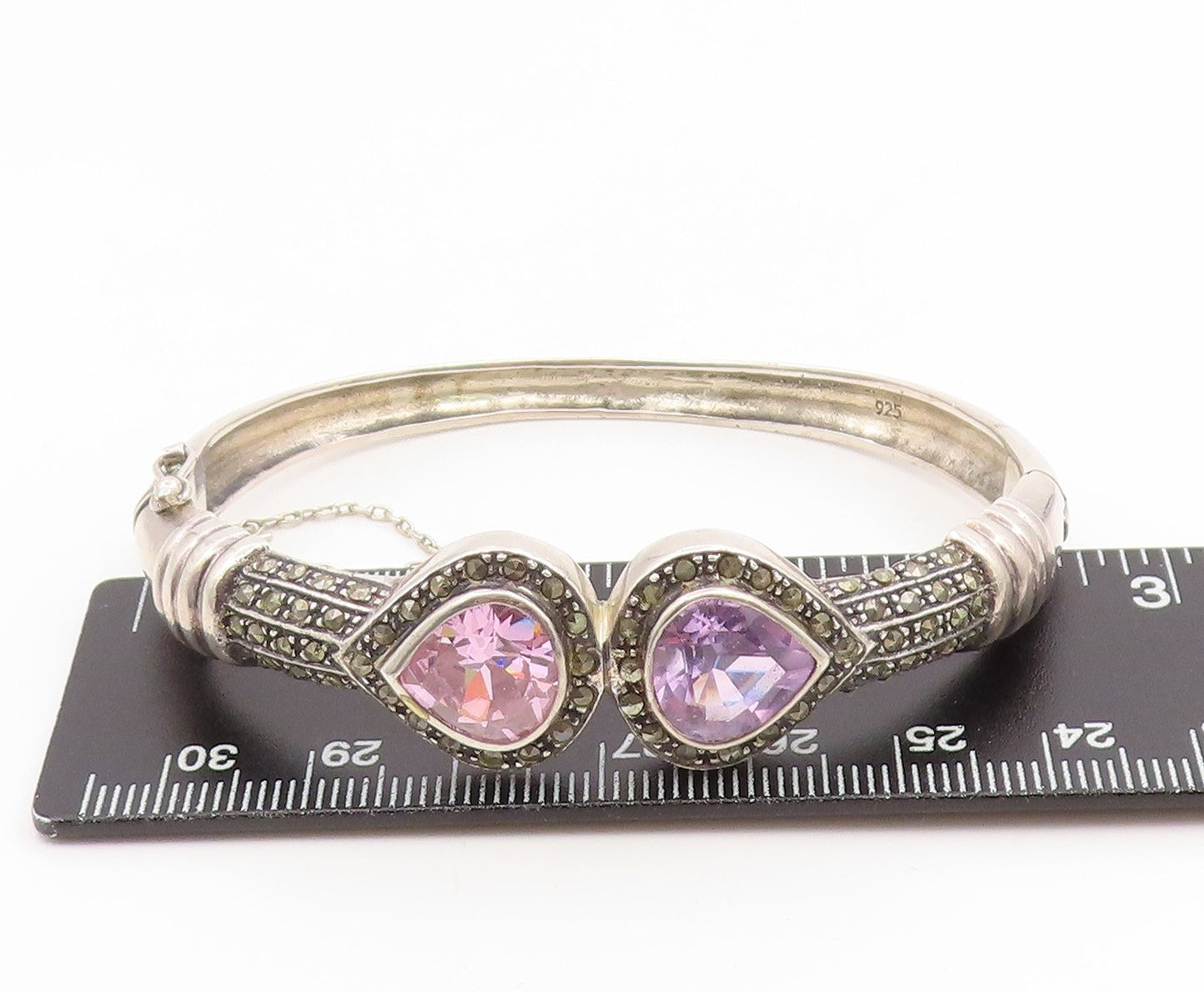 925 Sterling Silver Vintage Bracelet Pear Cut Amethyst & Topaz Bangle  BT11928