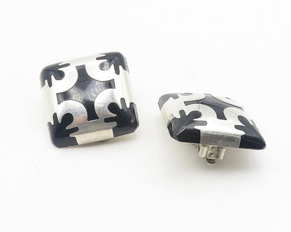 MEXICO 925 Silver  Vintage Black Onyx Pattern Non Pierce Earrings  EG6051