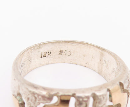 18k Gold 925 Sterling Silver Vintage Ring Cutout  Meander Pattern Sz 7.5 RG33079