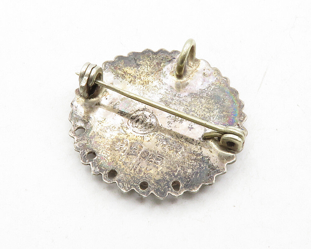 MEXICO 925 Sterling Silver  Vintage Crushed Turquoise Round Brooch Pin  BP4720