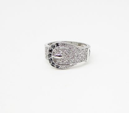 925 Silver  Sapphire & White Cubic Zirconia Belt Style Band Ring Sz 7  RG3431
