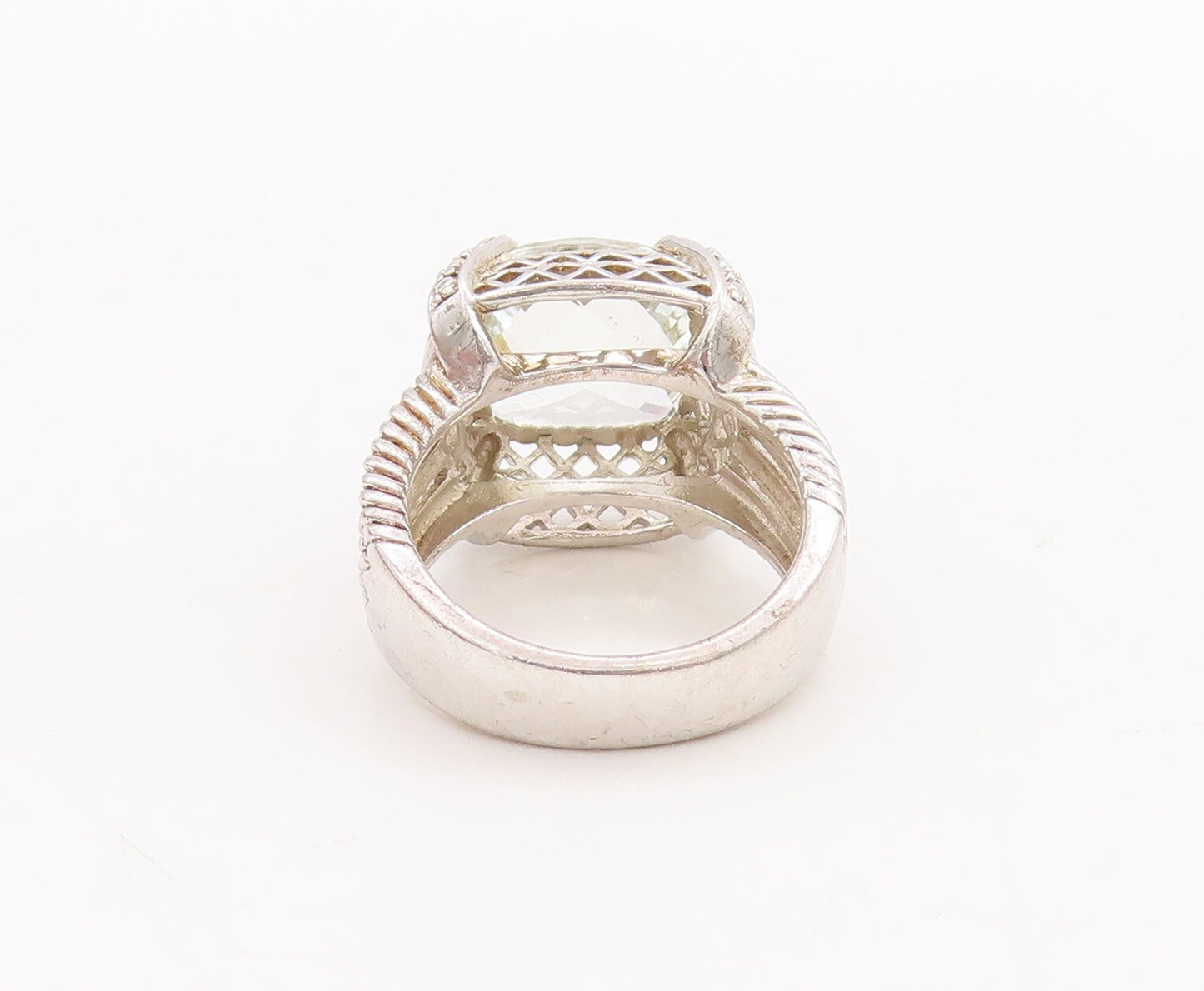 925 Sterling Silver Vintage Ring Square Green Amethyst Carved Roped Sz 7 RG29360