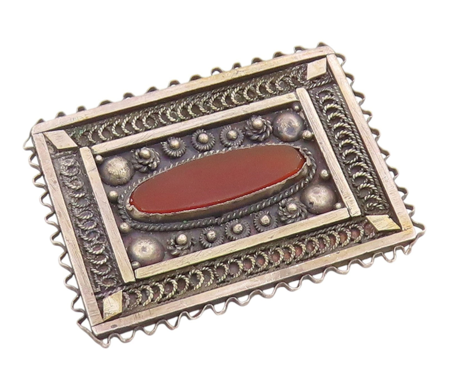 925 Sterling Silver Vintage Brooch Pin Carnelian Rectangular Filigree  BP12520