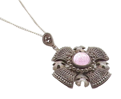 ISRAEL 925 Sterling Silver Vintage Antique Gemstone Cross Chain Necklace  NE1973