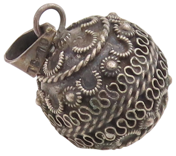 925 Sterling Silver Vintage Pendant MEXICO Carved Rattling Sphere  PT23414