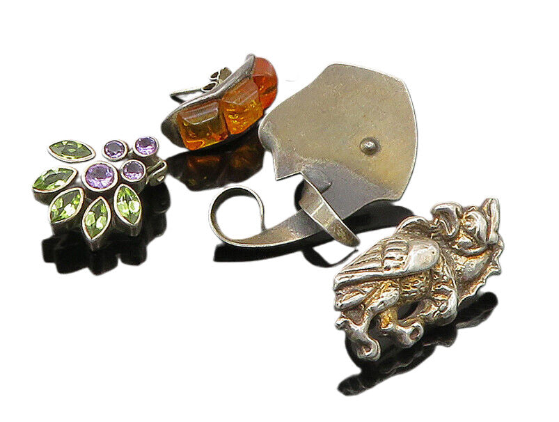DESIGNER 925 Silver Vintage Amber & Multi Stone Lot Single Earrings EG11384
