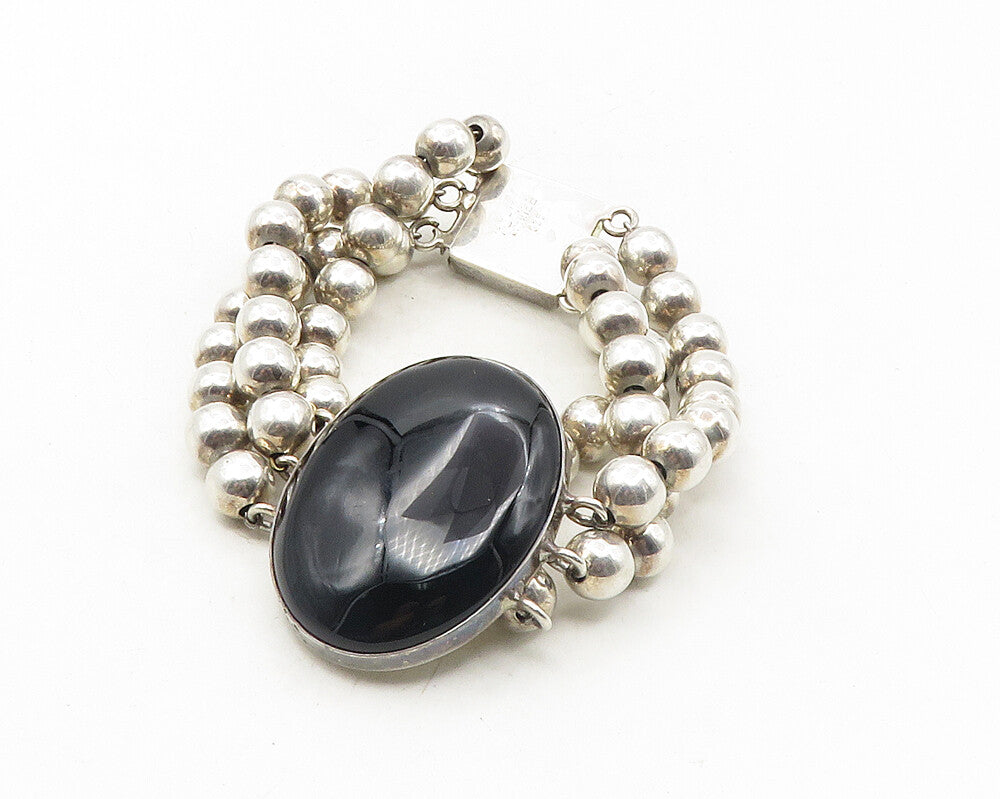 MEXICO 925 Silver  Vintage Black Onyx Shiny Ball Beaded Chain Bracelet  BT4177