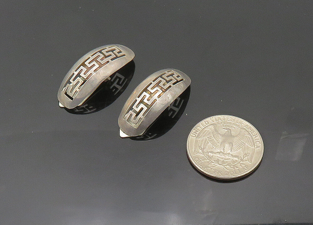 925 Sterling Silver  Vintage Open Greek Key Dome Non Pierce Earrings  EG10114