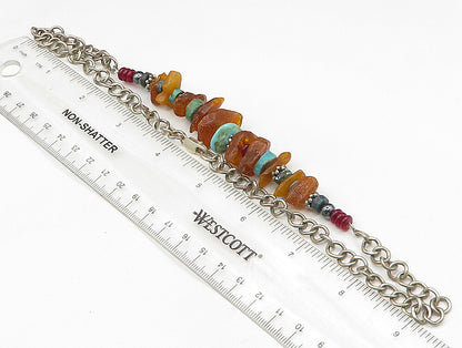 925 Sterling Silver  Vintage Garnet Amber & Turquoise Necklace  NE3831