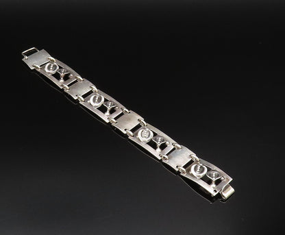 925 Sterling Silver Vintage 3D Flowers Hammered Rectangle Link Bracelet BT9593