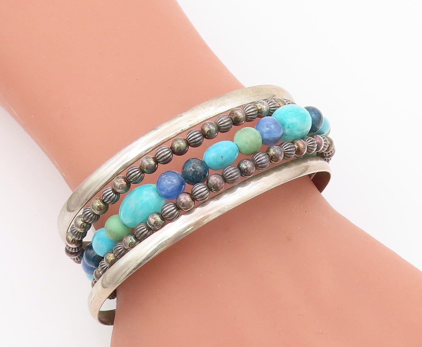 925 Sterling Silver Vintage Bracelet CAROLYN POLLACK Boho Gemstone Cuff  BT11031