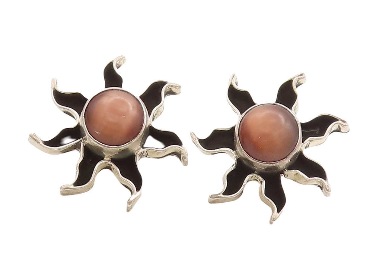 925 Sterling Silver Vintage Earrings MEXICO Round Cat Eye Cutout Sun  EG13118