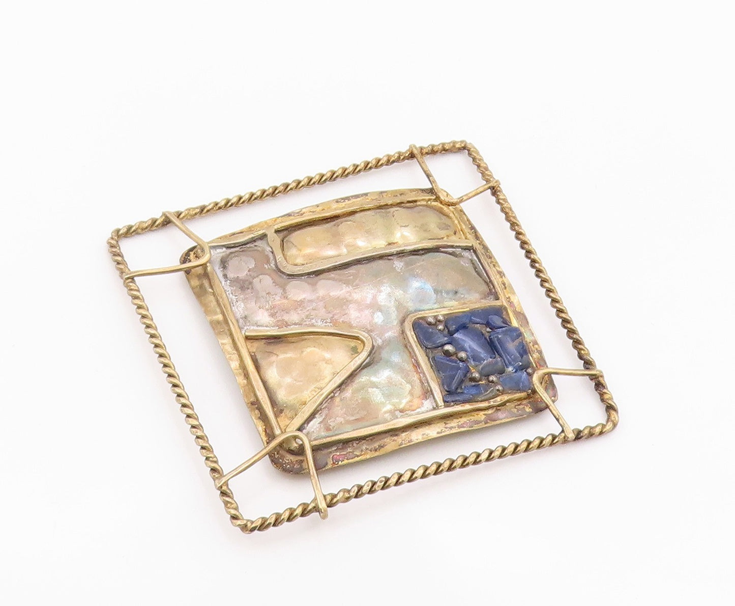 925 Sterling Silver Vintage Brooch Pin DE LILLO Lapis Lazuli Wire Grid  BP12582
