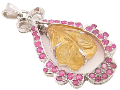 925 Sterling Silver Vintage Pendant Leaf Carved Citrine Ruby Inlay Frame PT22849