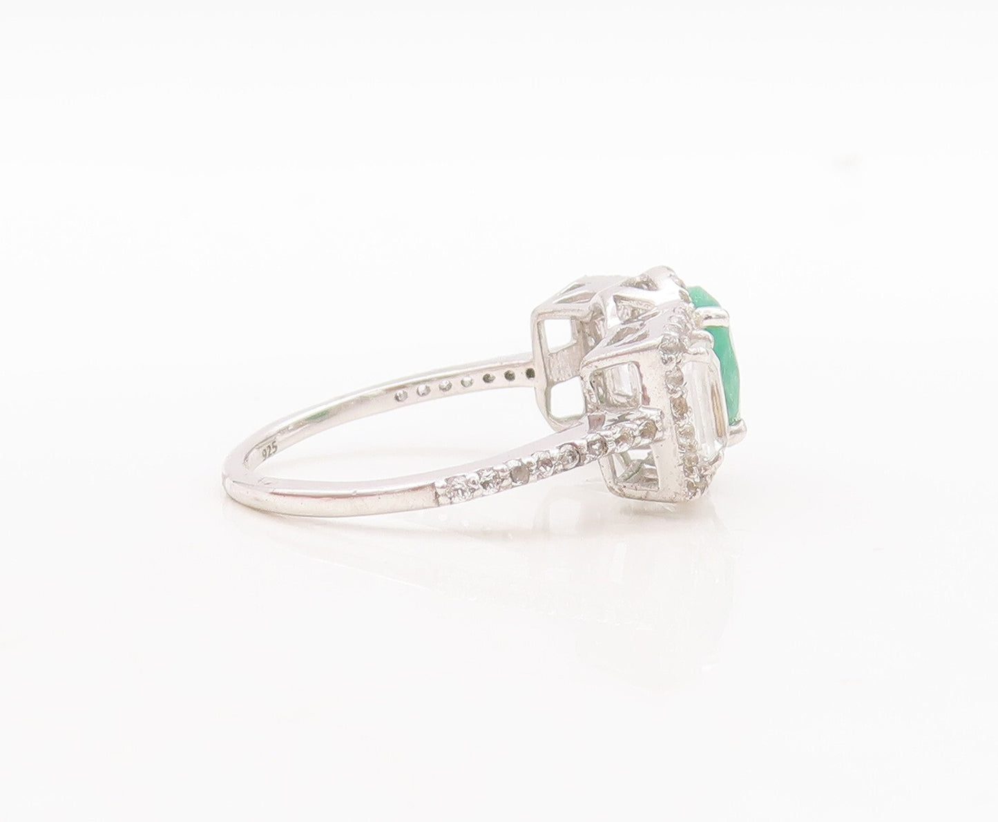 925 Sterling Silver Vintage Ring Modernist Oval Emerald & Topaz  Sz 7.5  RG29752