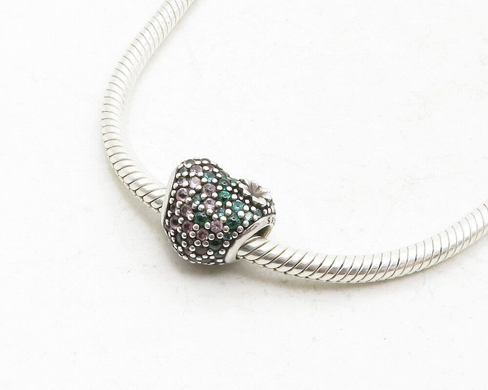 PANDORA 925 Silver  Pink & Green Topaz Heart Charm Snake Chain Necklace NE2225