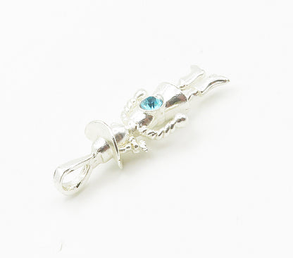 925 Sterling Silver  Round Cut Blue Topaz Shiny Cowgirl Motif Pendant  PT11864