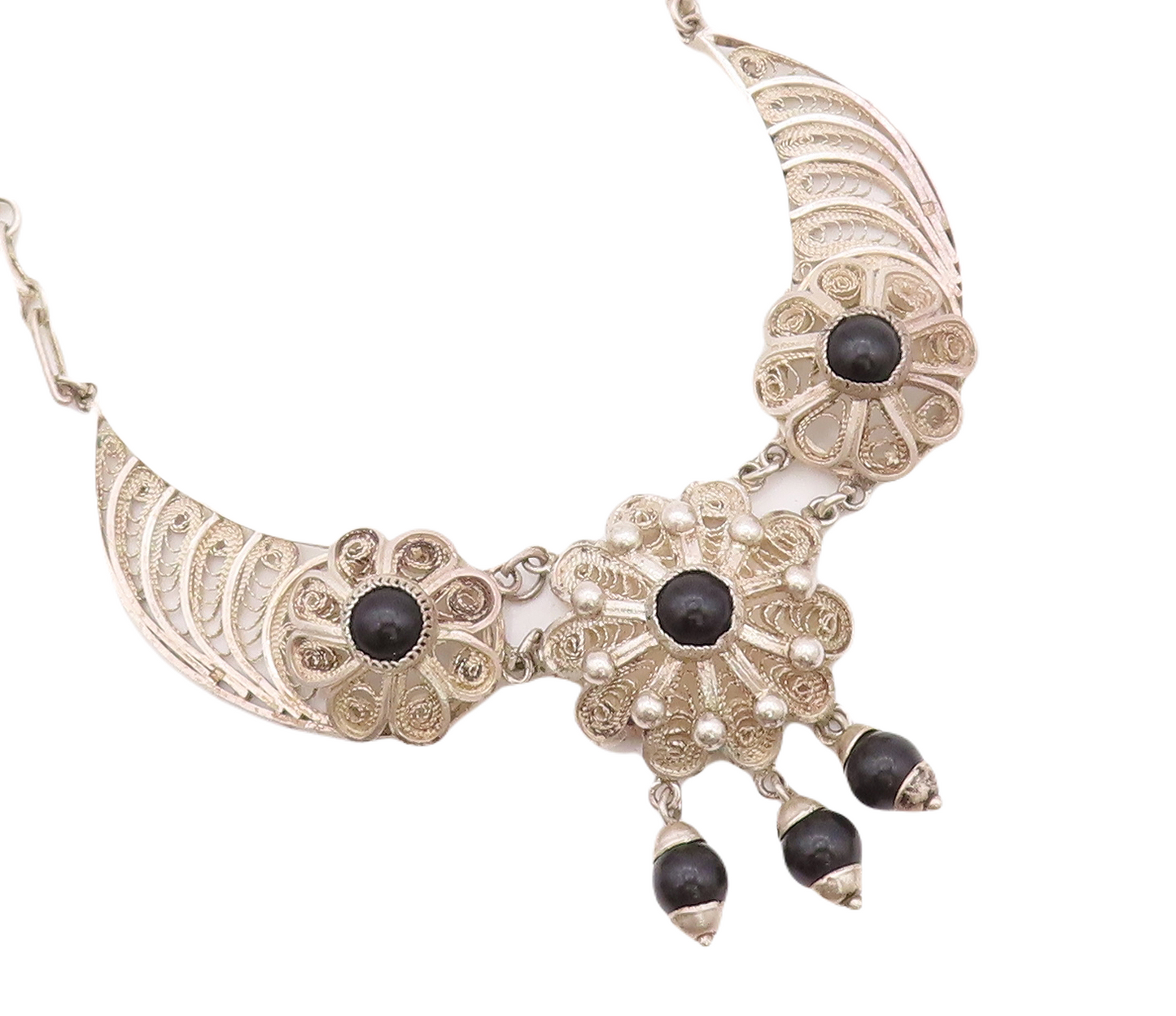 925 Sterling Silver Vintage Necklace Designer Filigree Floral Onyx  NE4306