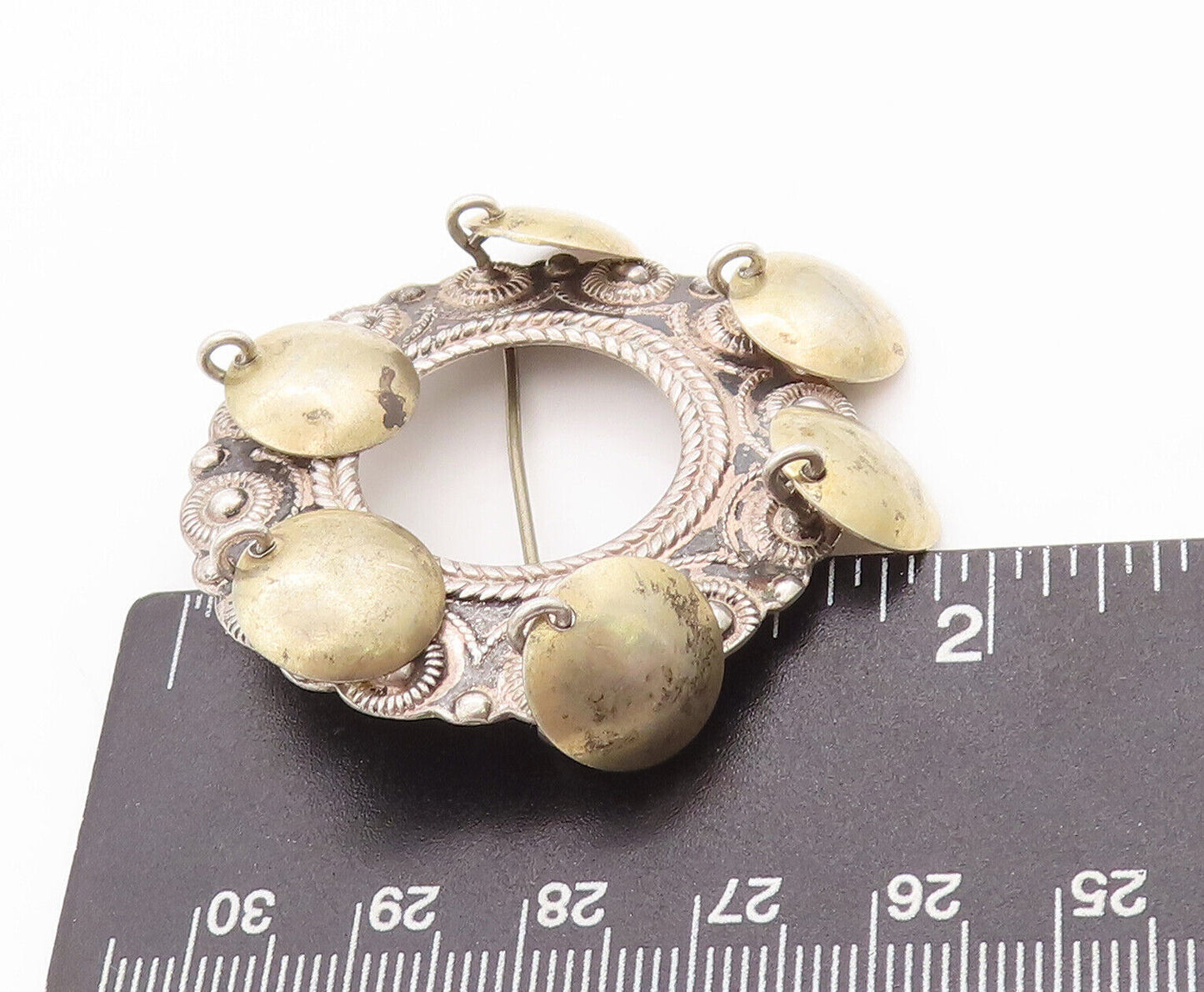 925 Sterling Silver Vintage Brooch Pin Europe Carved Ring Dangling Coins BP10892