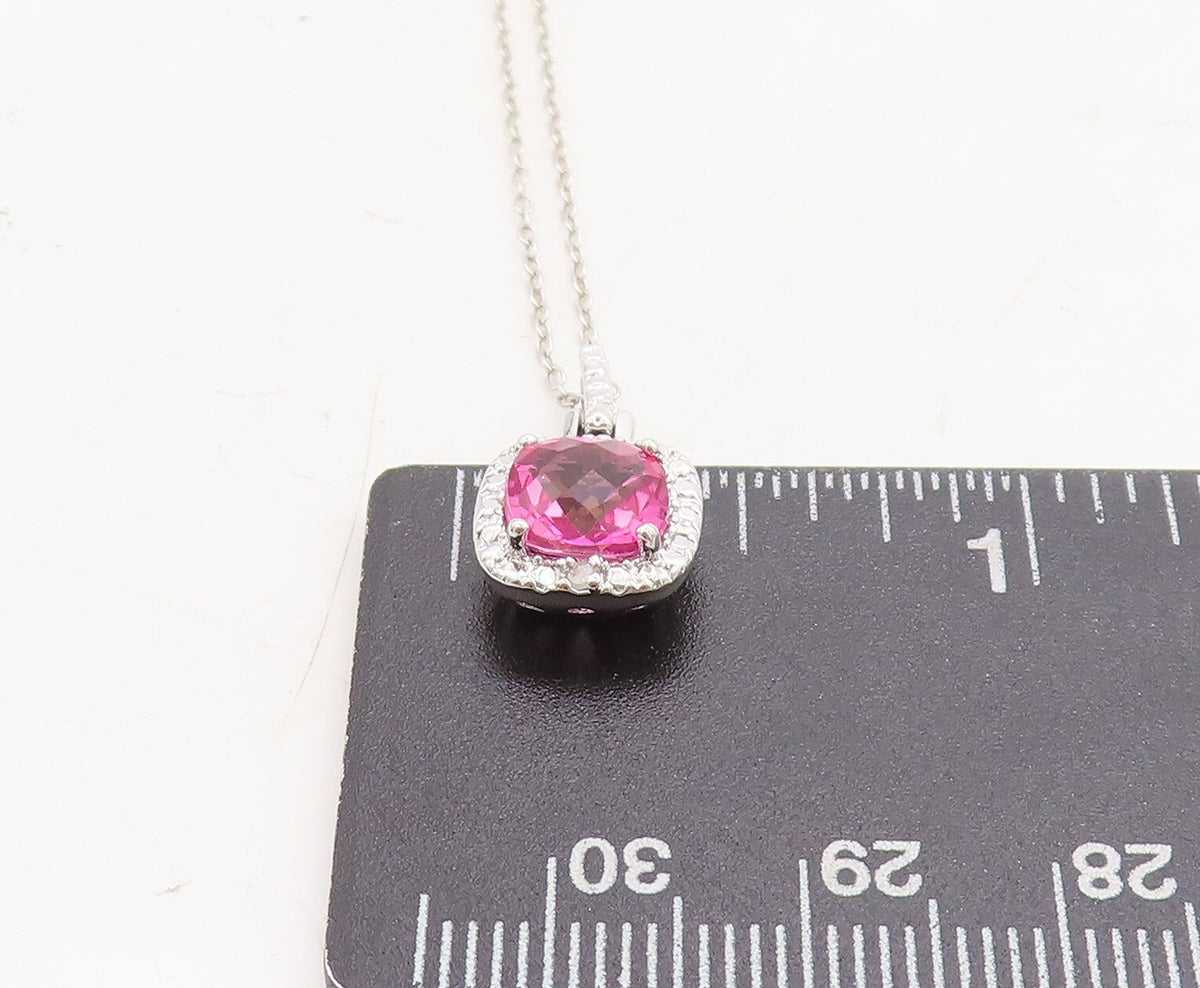 925 Sterling Silver  Genuine Diamond & Pink Topaz Shiny Chain Necklace  NE2066