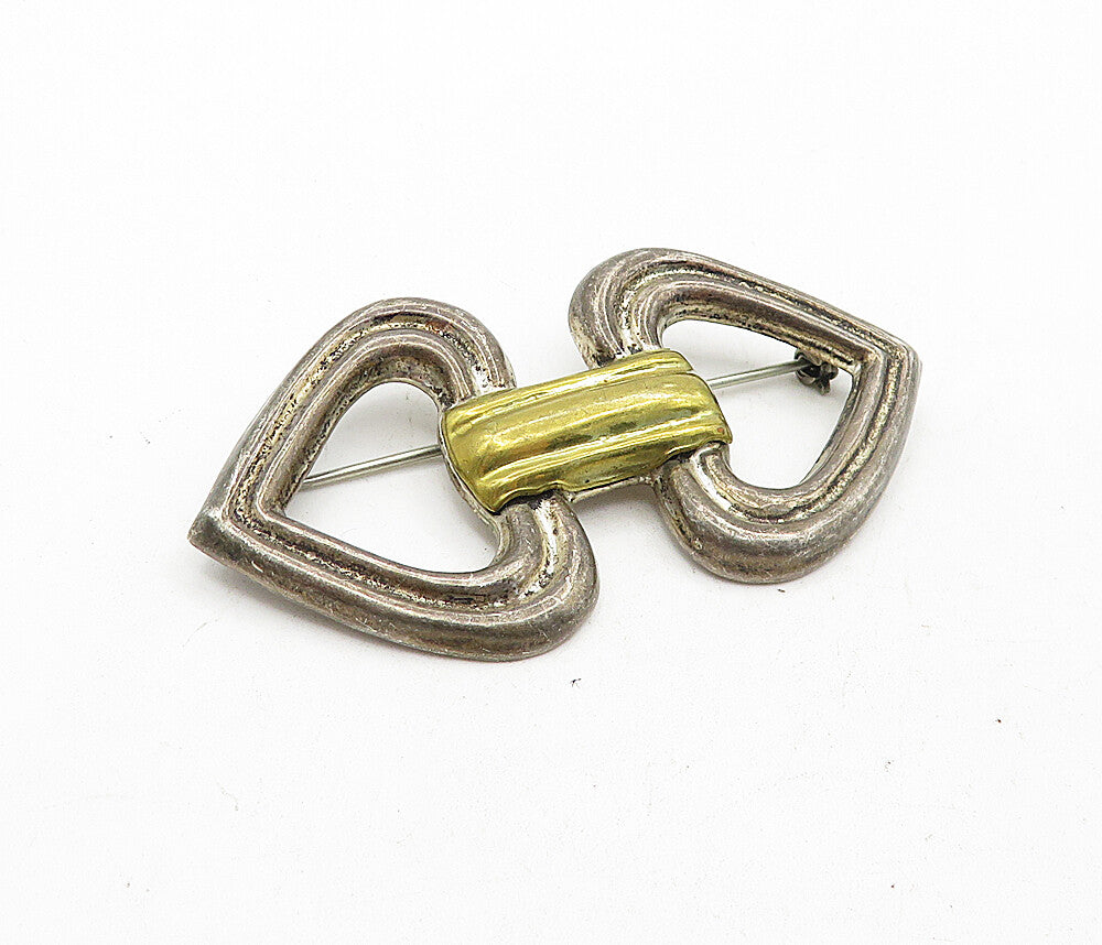 MEXICO 925 Sterling Silver  Vintage Two Tone Love Hearts Brooch Pin  BP1465