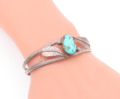 925 Sterling Silver Vintage Bracelet NAVAJO ZUNI Floral Oval Turquoise  BT10699