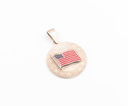 925 Sterling Silver Vintage Pendant Enameled US Flag Circle Medallion  PT26628
