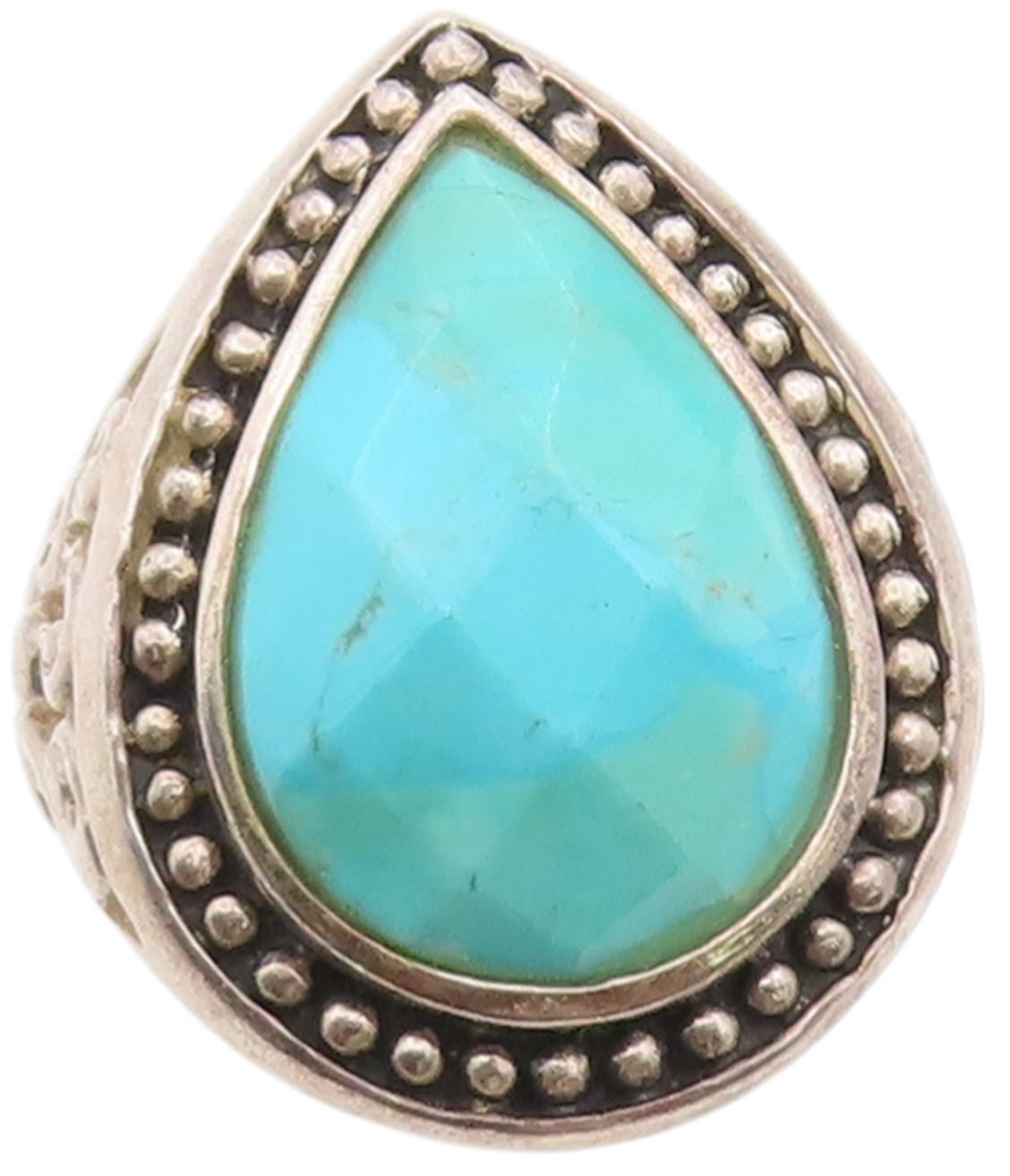 925 Sterling Silver Vintage Ring Drop Cut Turquoise Bead Border  Sz 6  RG33316