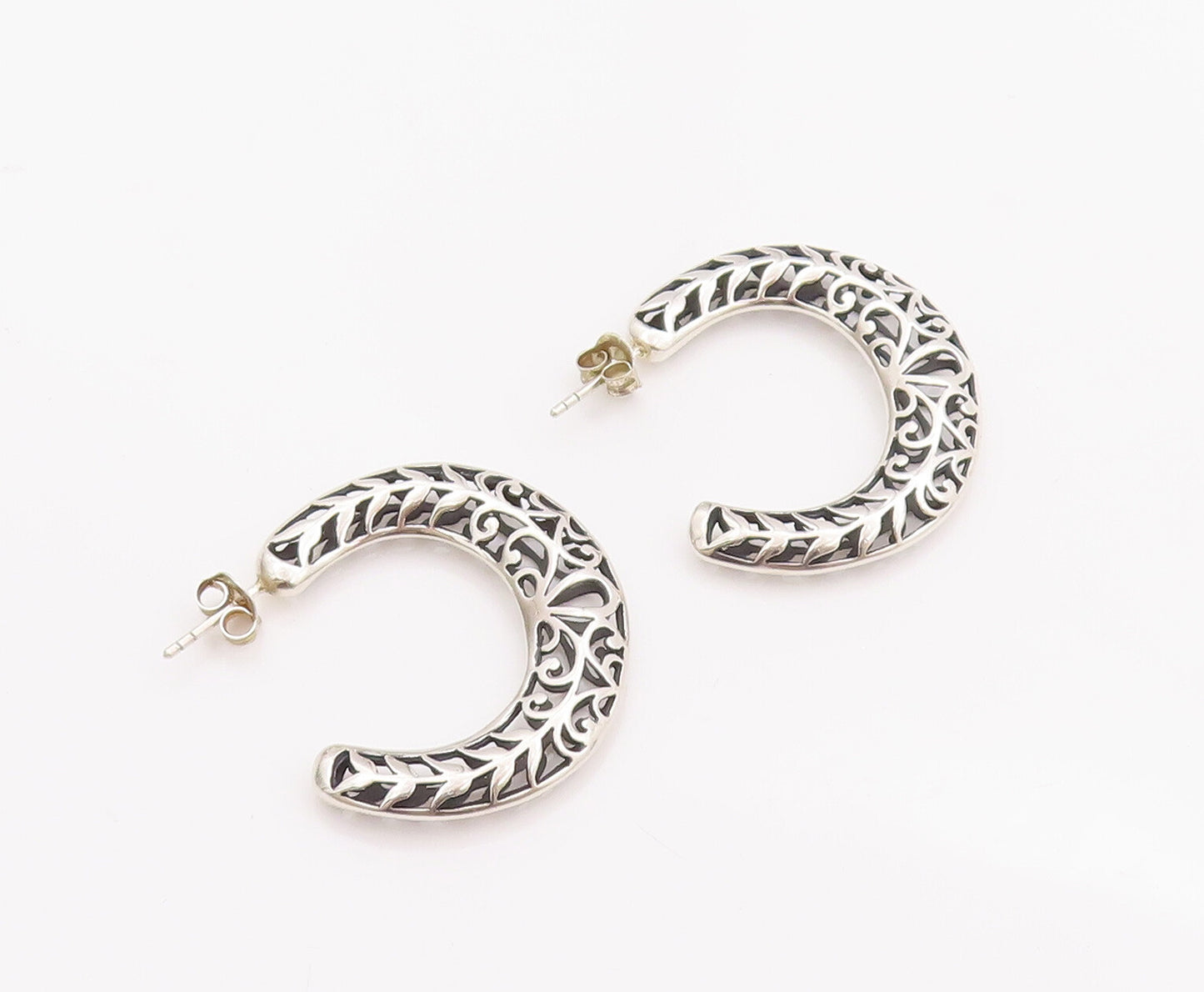 925 Sterling Silver Vintage Earrings Solid Swirly Carved Open Hoops  EG12983