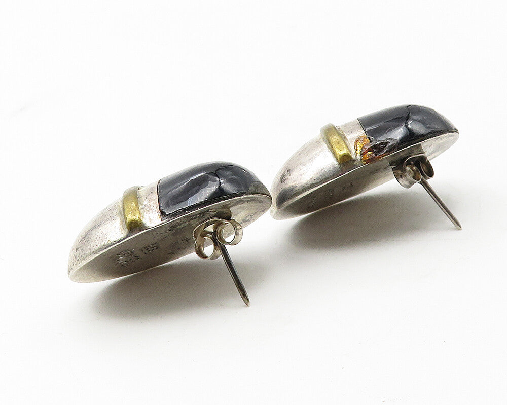 925 Sterling Silver  Vintage Black Onyx Two Tone Dome Drop Earrings  EG5884