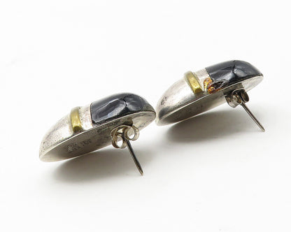 925 Sterling Silver  Vintage Black Onyx Two Tone Dome Drop Earrings  EG5884