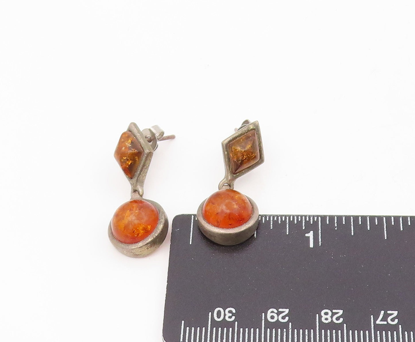 925 Sterling Silver Vintage Earrings Cabochon Amber Geometric Drop  EG13865