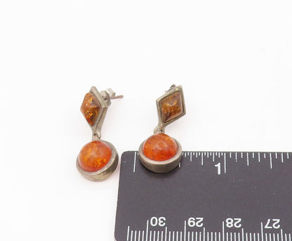 925 Sterling Silver Vintage Earrings Cabochon Amber Geometric Drop  EG13865