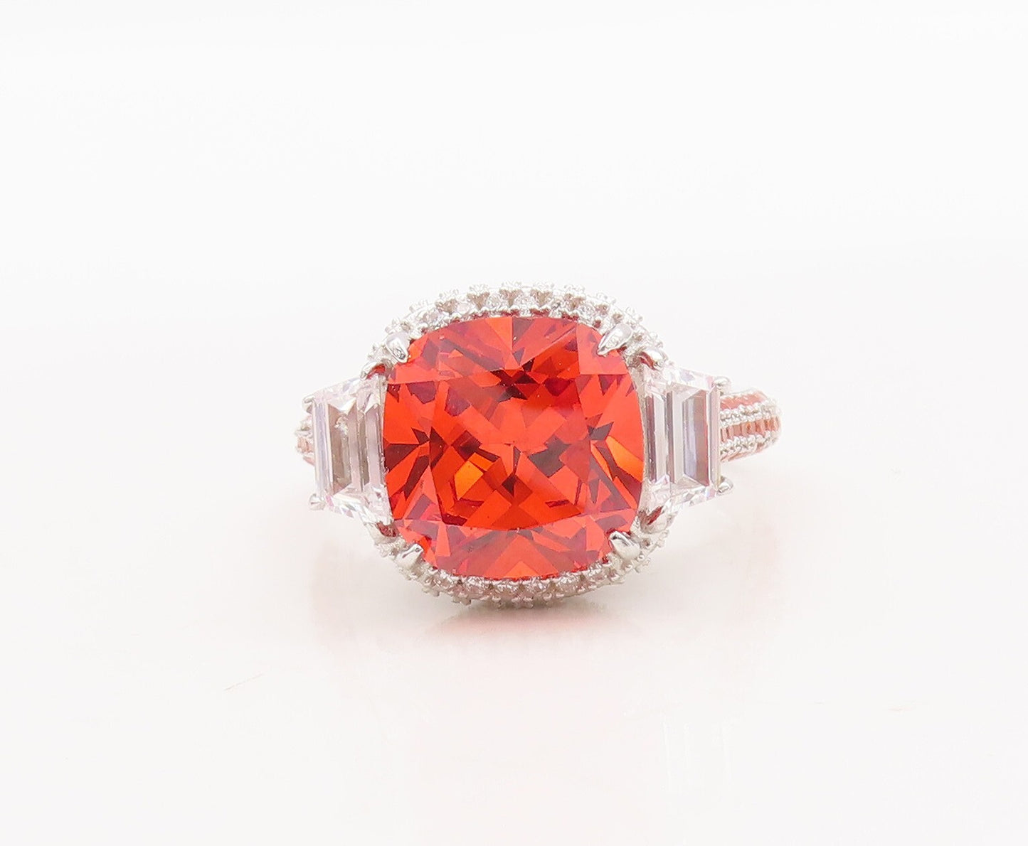 925 Sterling Silver Vintage Ring Square Orange Halo White CZ  Sz 7  RG29639