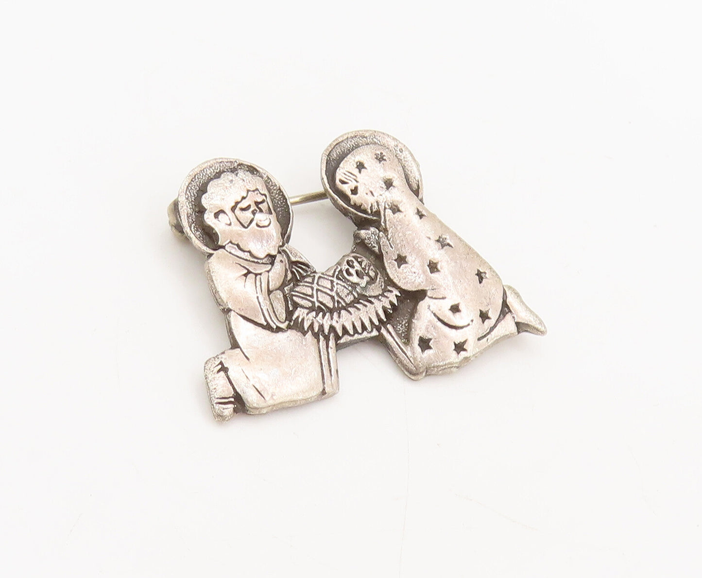MEXICO 925 Silver  Vintage Carved New Born Baby Family Brooch Pin  BP10485