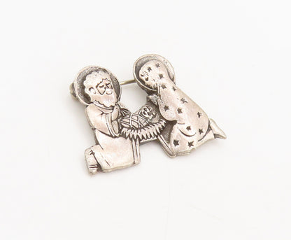 MEXICO 925 Silver  Vintage Carved New Born Baby Family Brooch Pin  BP10485