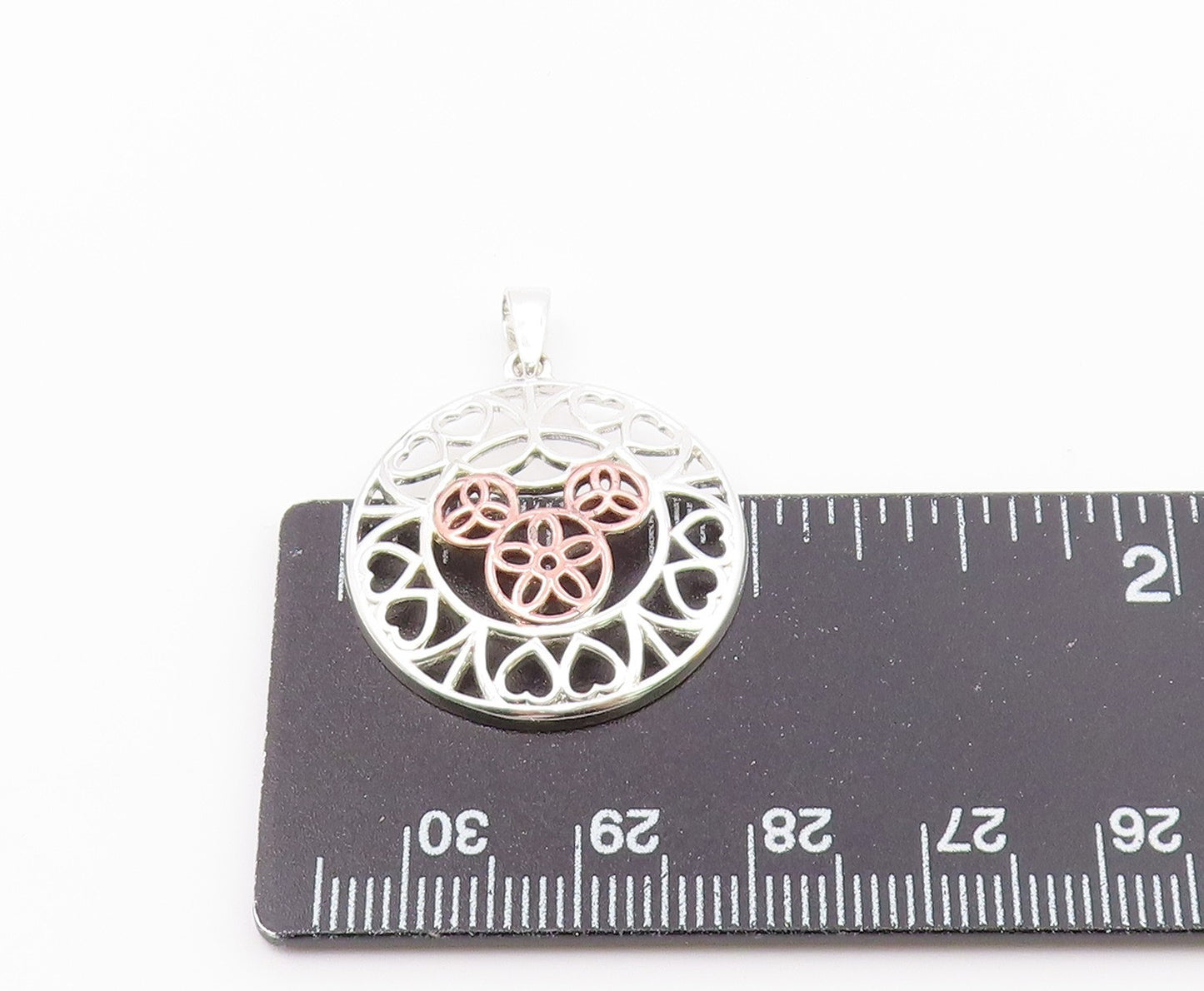 925 Silver   Vintage Two Tone Flower Peace & Love Heart Dome Pendant PT20601