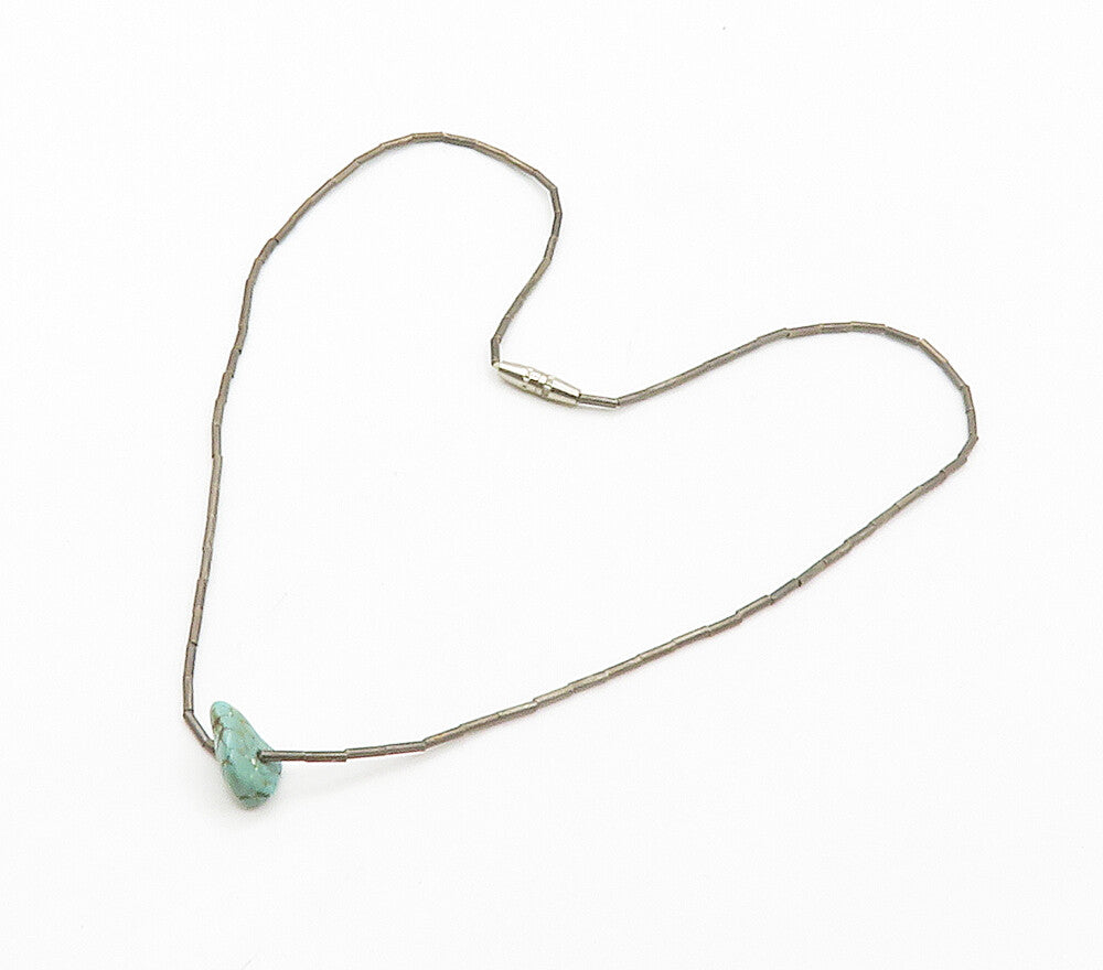 SOUTHWESTERN 925 Silver Vintage Turquoise Barrel Bead Chain Necklace NE2499