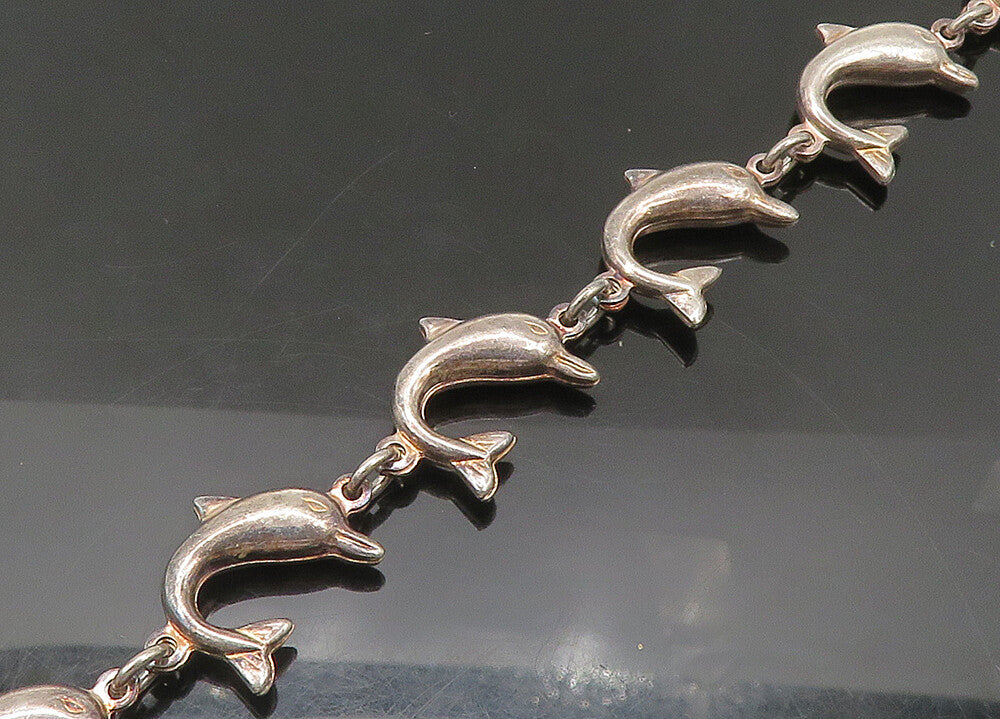 925 Sterling Silver  Vintage Dark Tone Dolphin Motif Chain Bracelet  BT8426