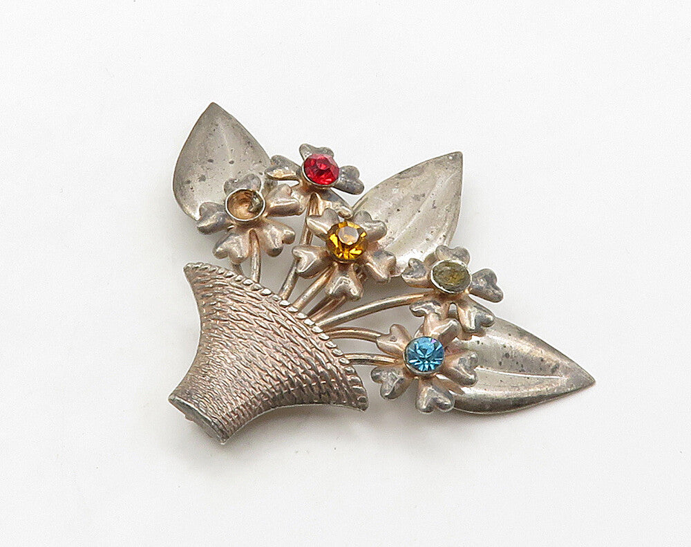 925 Sterling Silver  Vintage Topaz & Citrine Flower Basket Brooch Pin  BP6347